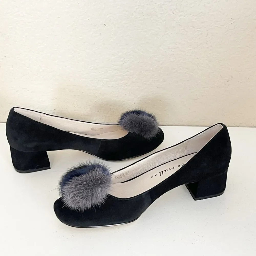 Bettye Muller Black and Blue Fur Accent Heels 8